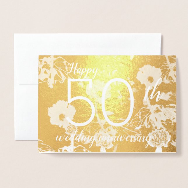 Gold Foil Floral 50th Wedding Anniversary Card (Front With Envelope)