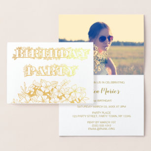 Gold Foil Floral Birthday Party Invitation Photo