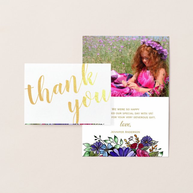 Gold Foil Floral Bouquet Thank You Photo and Name Card (Display)