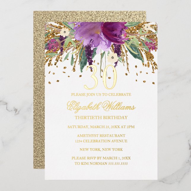 GOLD FOIL Floral Glitter Amethyst 30th Birthday Fo (Front/Back)