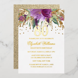 GOLD FOIL Floral Glitter Amethyst 80th Birthday Fo