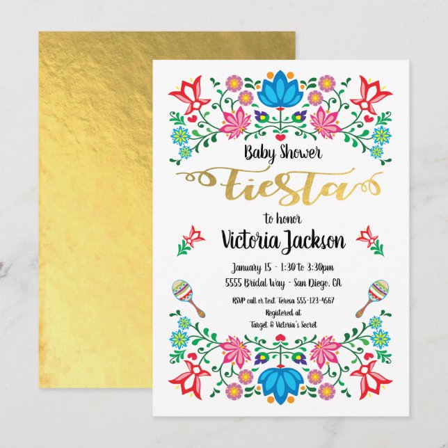 Gold Foil Floral Mexican Fiesta Baby Shower Invitation (Front/Back)