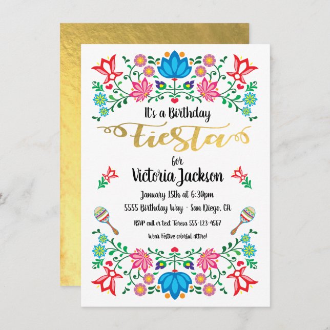 Gold Foil Floral Mexican Fiesta Birthday Party Invitation (Front/Back)