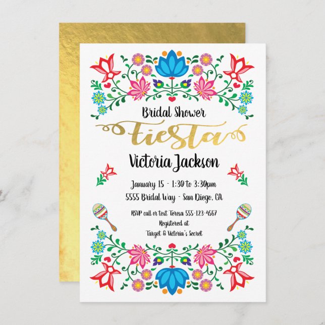 Gold Foil Floral Mexican Fiesta Bridal Shower Invitation (Front/Back)