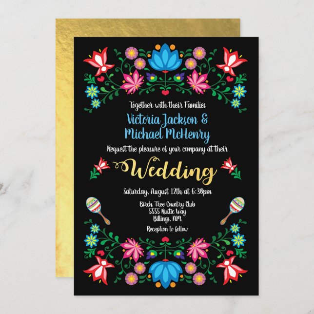 Gold Foil Floral Mexican Wedding Fiesta Card (Front/Back)