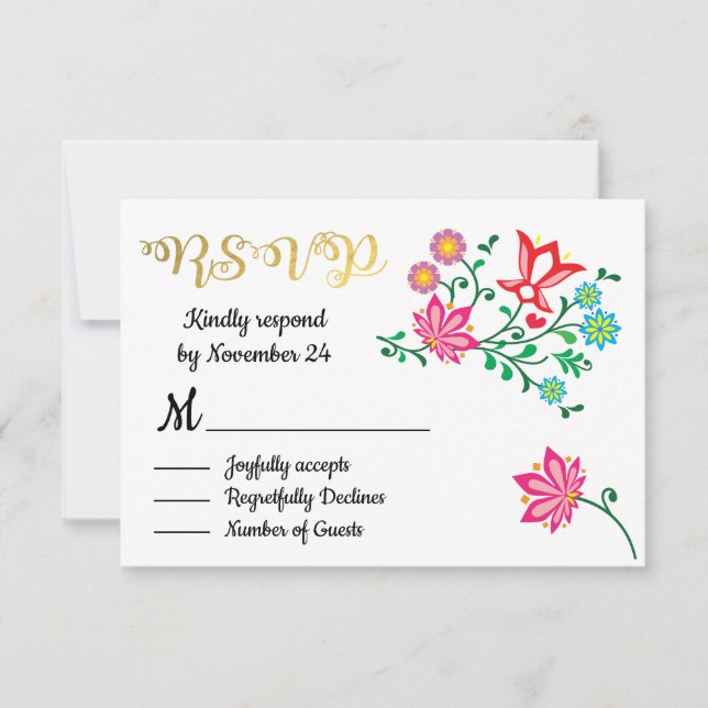 Gold Foil Floral Mexican Wedding fiesta RSVP Card (Front)