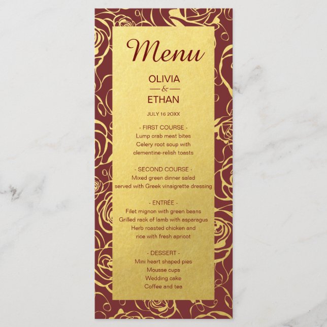 Gold Foil Floral on Burgundy Menu (Front)