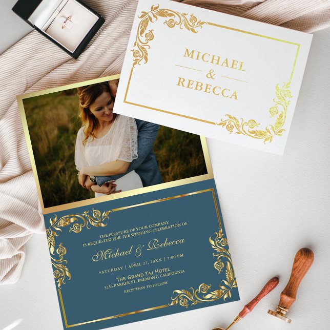 Gold Foil Floral Photo Blue Wedding Invitation (Creator Uploaded)
