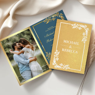 Gold Foil Floral Photo Blue Wedding Invitation