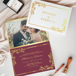 Gold Foil Floral Photo Pink Wedding Invitation