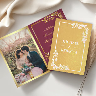 Gold Foil Floral Photo Pink Wedding Invitation