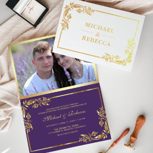 Gold Foil Floral Photo Purple Wedding Invitation