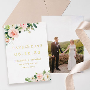 Gold Foil Floral Photo Save The Date 