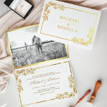 Gold Foil Floral Photo White Wedding Invitation<br><div class="desc">Invite your guests with this elegant folded wedding invitation featuring a beautiful faux gold floral frame on the inside and real gold foil floral frame with bride and groom names on the outside. Simply add your event details on this easy-to-use template and adorn this card with your favourite photo to...</div>