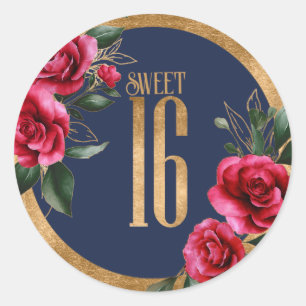 Gold Foil Floral Sweet Sixteen Navy Blue ID756 Classic Round Sticker