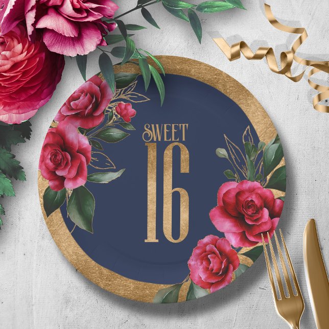Gold Foil Floral Sweet Sixteen Navy Blue ID757 Paper Plate (Creator Uploaded)