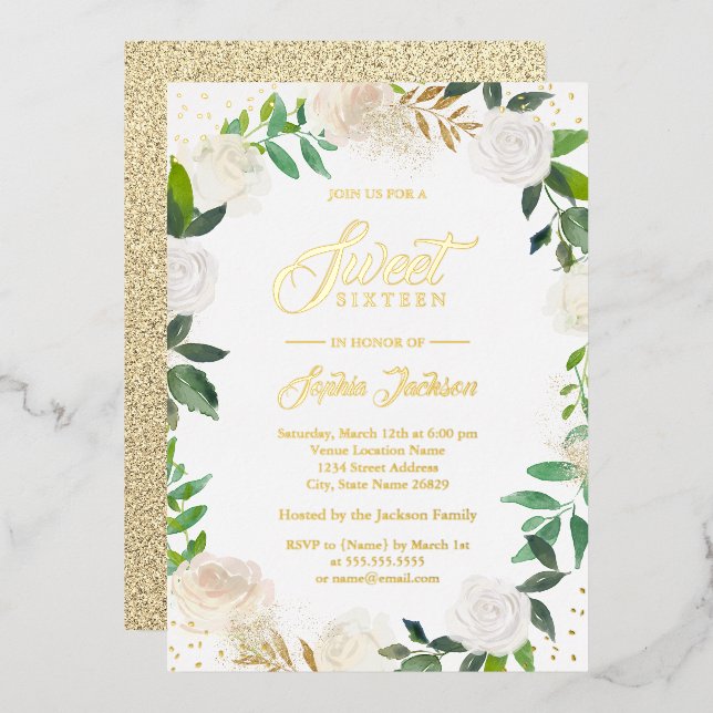 GOLD FOIL Floral Wreath Sweet 16 Golden (Front/Back)