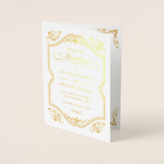 Gold Foil Flourish Frame Wedding Ceremony Program Foil Card (Front)