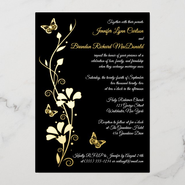 Gold Foil Flowers and Butterflies Wedding Invite (Front)
