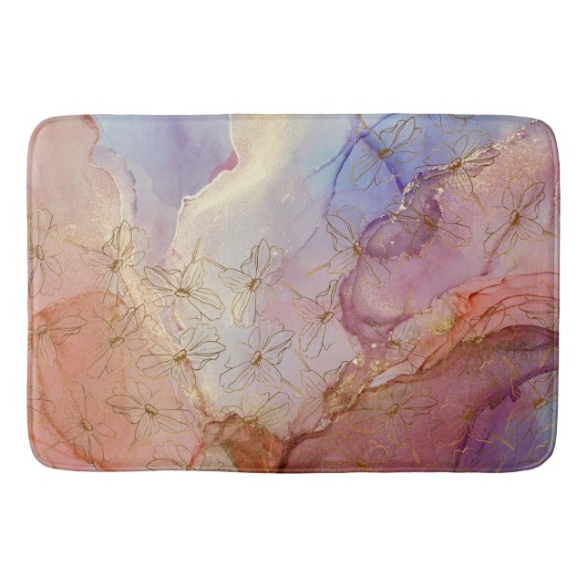 Gold Foil Flowers Dusky Pastel Abstract  Bath Mat