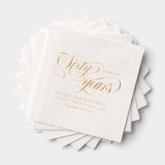 Gold Foil Fonts Add Names 60th Wedding Anniversary Foil Napkins (Insitu (Stacked))