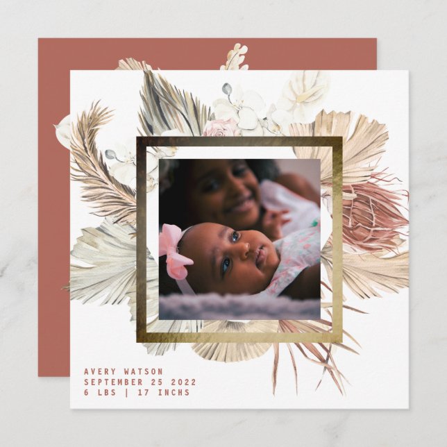 Gold Foil Frame Boho Pampas Boho Photo Birth Announcement (Front/Back)