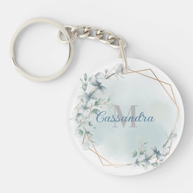 Gold Foil Frame With Eucalyptus - Monogrammed Key Ring (Front)