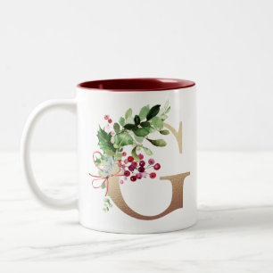Gold Foil G Monogram Pine & Berry  Christmas Two- Two-Tone Coffee Mug