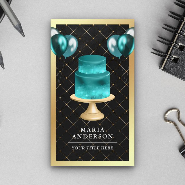 Gold Foil Galaxy Teal Cake Balloons Event Planner Business Card (Creator Uploaded)