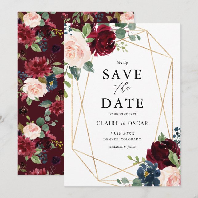 Gold Foil Geometric Burgundy Floral Frame Fall Save The Date (Front/Back)