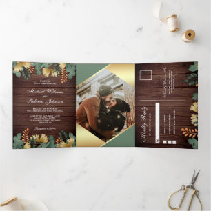 Gold Foil Geometric Tropical Leaves Photo Wedding Tri-Fold Invitation