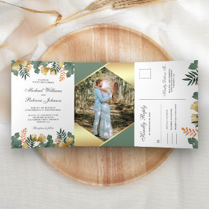 Gold Foil Geometric Tropical Leaves Photo Wedding Tri-Fold Invitation