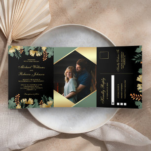 Gold Foil Geometric Tropical Leaves Photo Wedding Tri-Fold Invitation