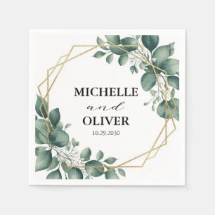 Gold Foil Geometric watercolor eucalyptus Wedding Napkin