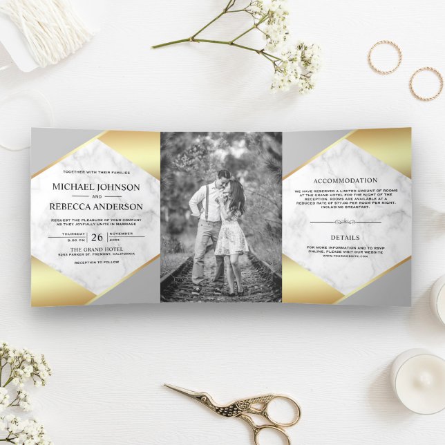 Gold Foil Geometric White Marble Photo Wedding Tri-Fold Invitation (Creator Uploaded)