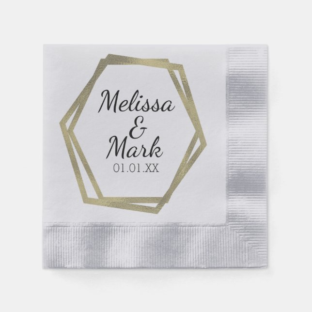 Gold Foil Geometrical Frame Wedding Couples Name Napkin (Front)