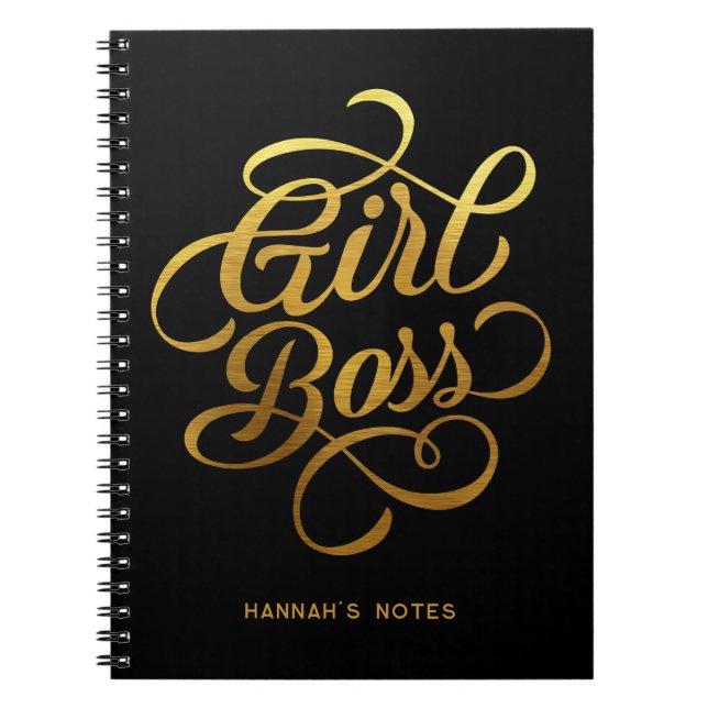 Gold Foil Girl Boss Typography Black Notebook (Front)