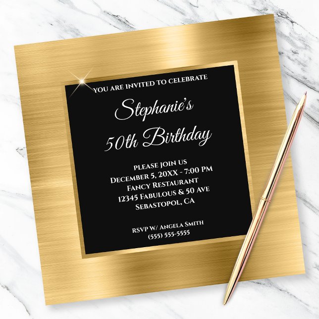 Gold Foil Glam Black Overlay 50th Birthday Invitation (Creator Uploaded)
