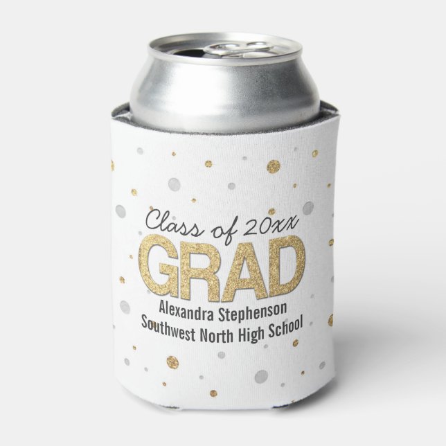 Gold Foil Glitter Confetti Graduation Party Custom Can Cooler (Can Front)