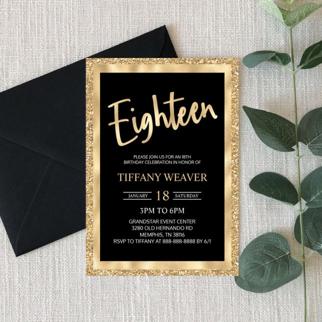 Gold Foil Glitter Eighteen 18th Birthday Invitation (Creator Uploaded)