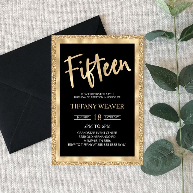 Gold Foil Glitter Fifteenth 15th Birthday Invitation (Creator Uploaded)