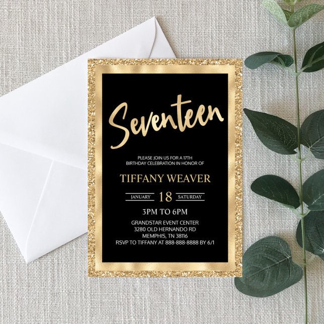 Gold Foil Glitter Seventeenth 17th Birthday Invitation (Creator Uploaded)