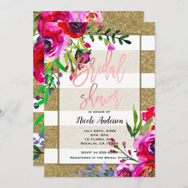 Gold Foil Glitter Stripe Bold Floral Bridal Shower Invitation (Front/Back)