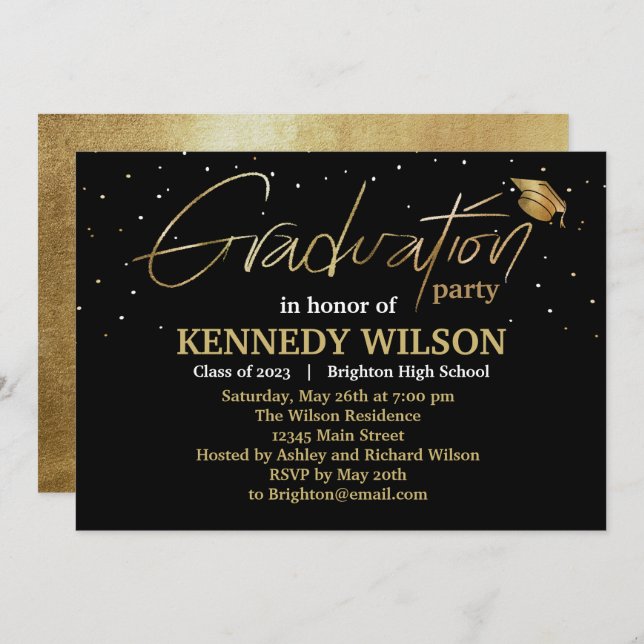   Gold foil Graduation Party Invitation Black (Front/Back)