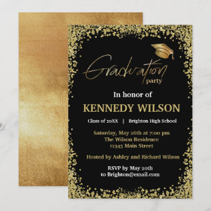   Gold foil Graduation Party Invitation Black