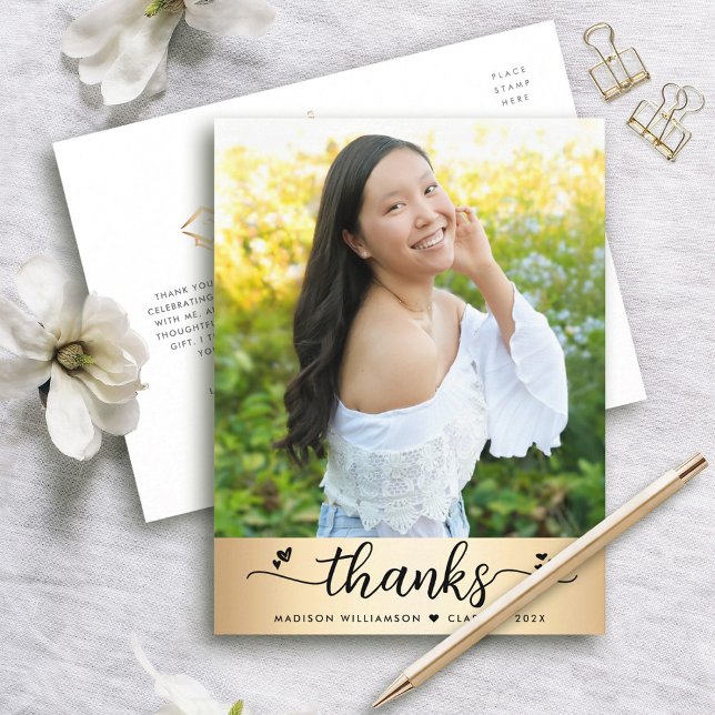 Gold Foil Graduation Photo Script Hearts Thank You Postcard (Creator Uploaded)