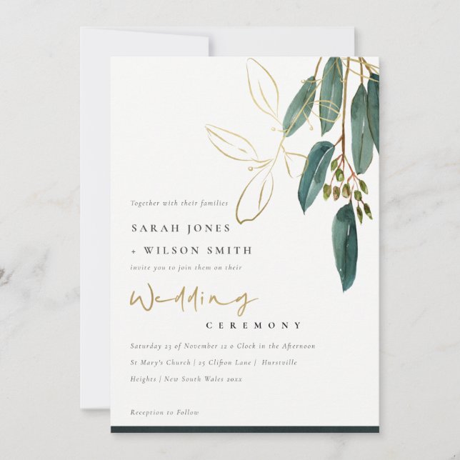 GOLD FOIL GREEN EUCALYPTUS FOLIAGE WEDDING INVITE (Front)