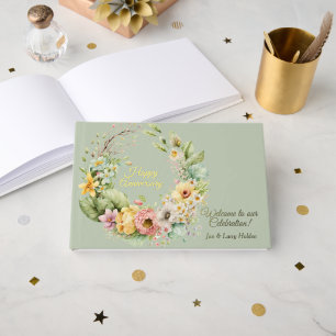 Gold Foil Green Floral Anniversary Guest Book