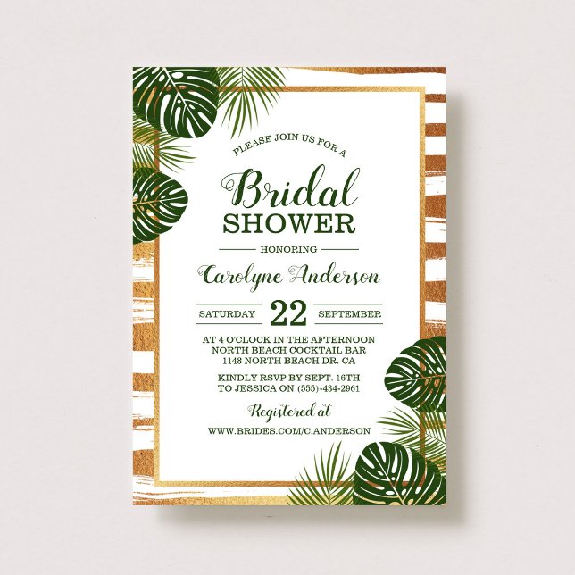Gold Foil & Green Palm Leaf Beach Bridal Shower Invitation (Creator Uploaded)