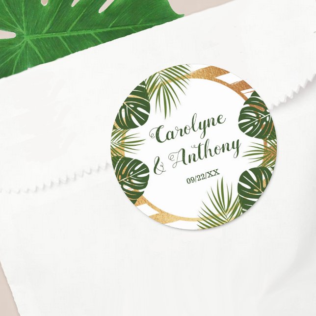 Gold Foil & Green Palm Leaf Beach Wedding Classic Round Sticker (Creator Uploaded)